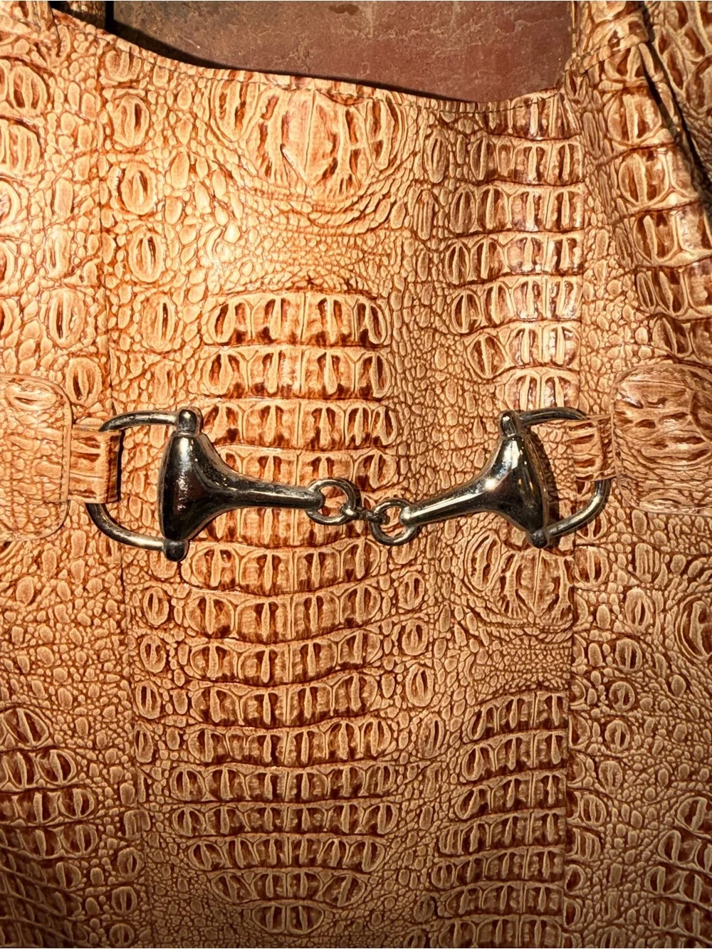 Tan Croc-Embossed Leather Tote Bag Shoulder Purse Carry On